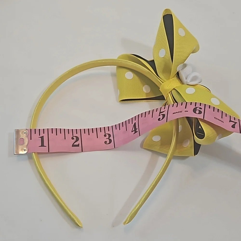 Hand Crafted Handmade Bow Hairband Yellow white polka-dot black contrast ribbon